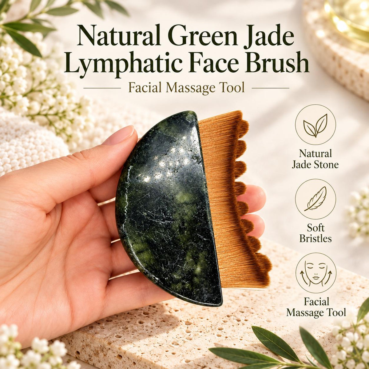 Natural Jade Lymphatic Face Brush held in hand