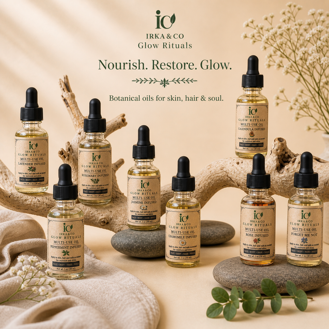 Bottle of Irka & Co Botanical Multi-Use Ritual Elixir, jojoba and camellia oil infused with real dried flowers