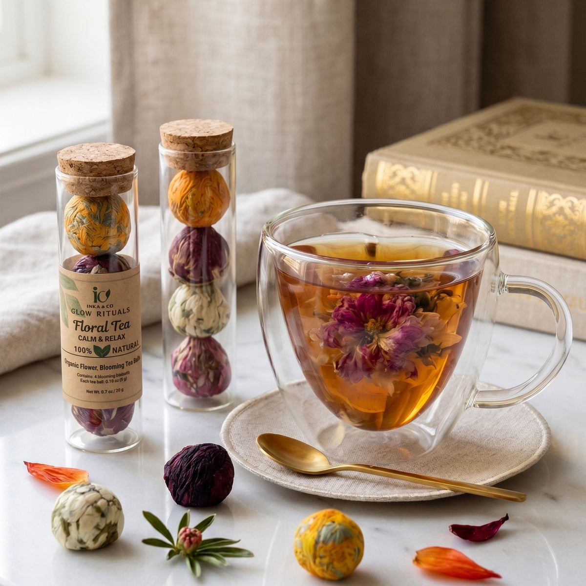 Hand-tied blooming tea ball unfurling into a flower in a clear glass mug of hot water