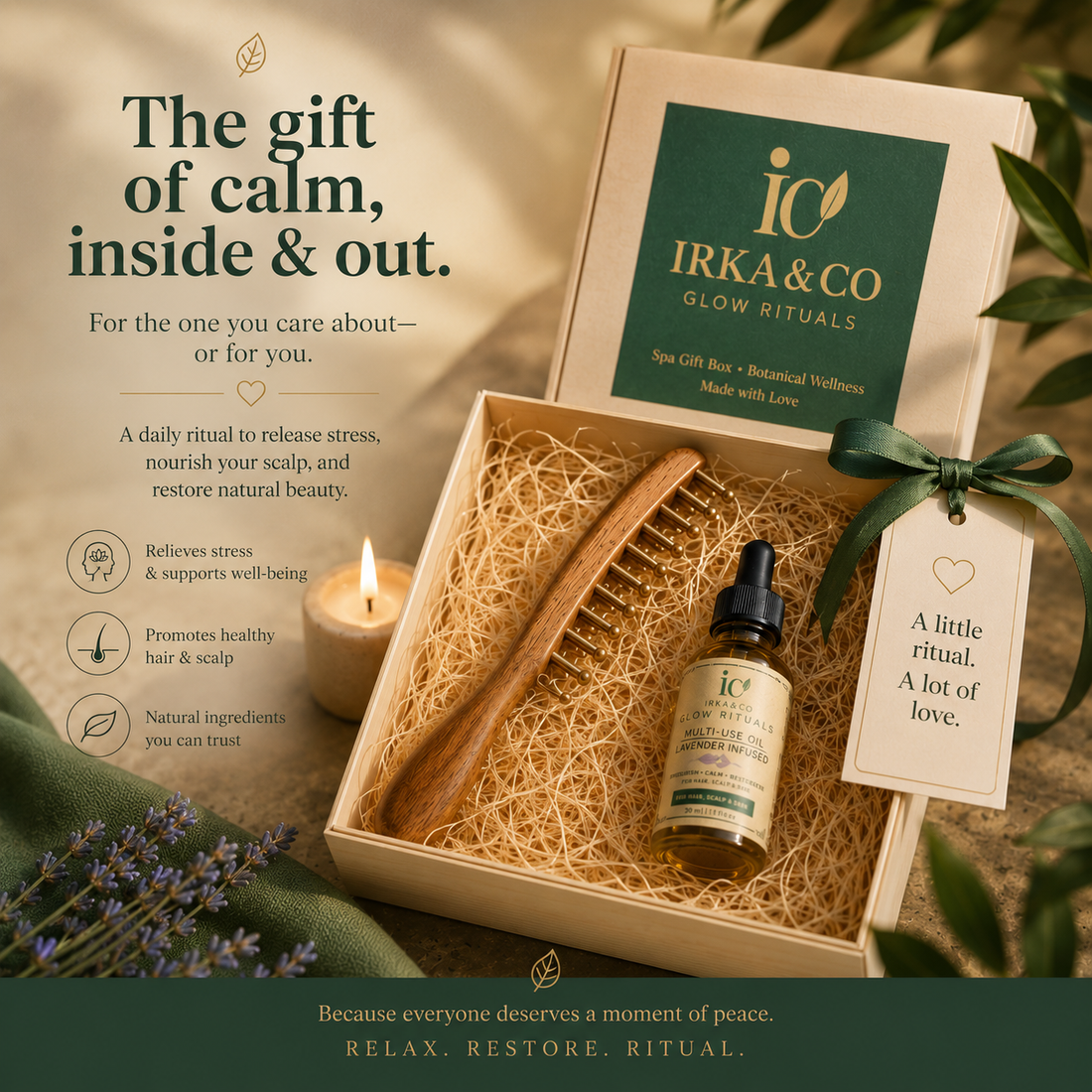Handcrafted brass and wood scalp massage comb with a bottle of botanical infused oil from Irka & Co