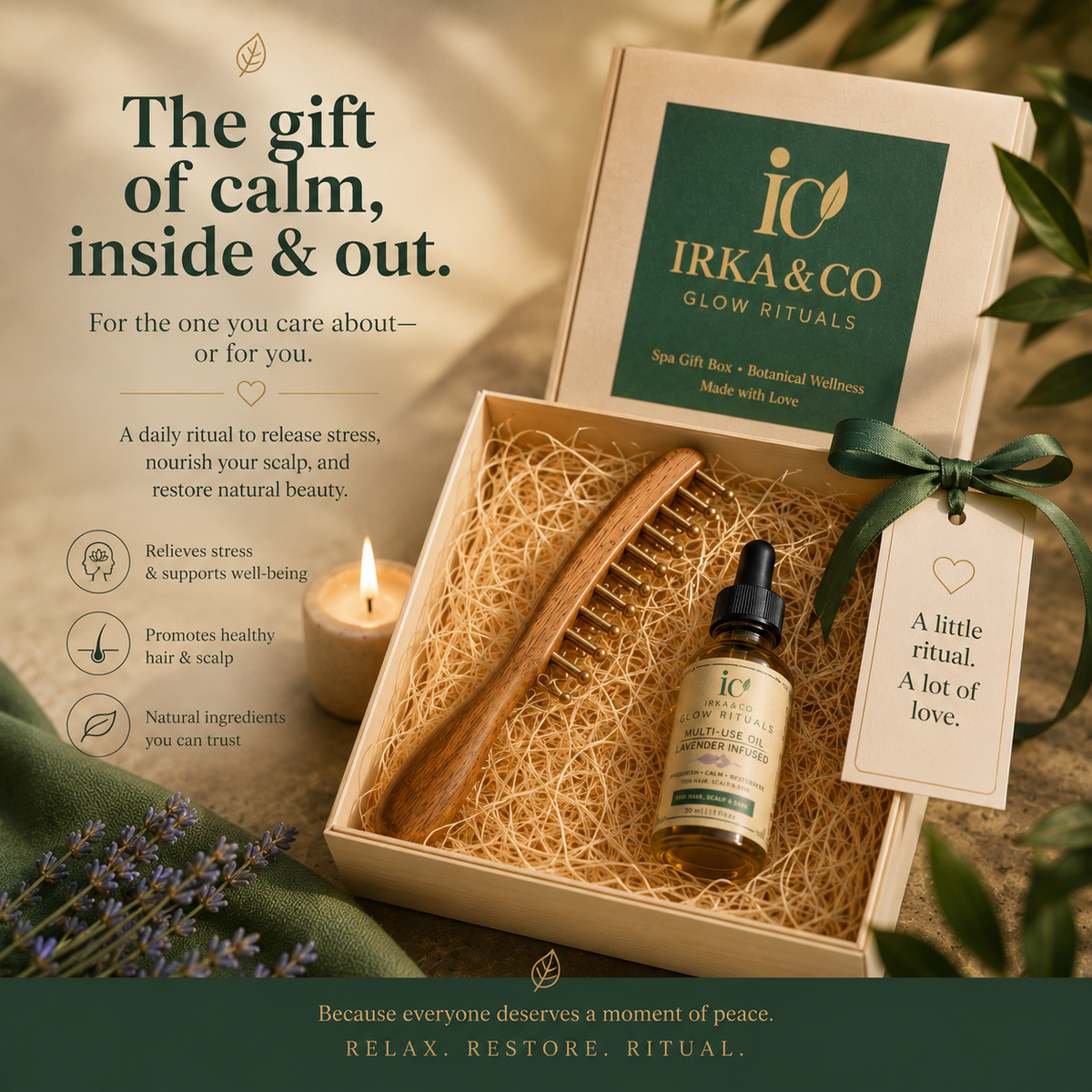 Handcrafted brass and wood scalp massage comb with a bottle of botanical infused oil from Irka & Co