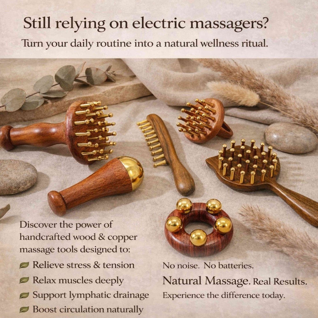 Artisan copper and wood massage tools for scalp, face and body from Irka & Co Glow Rituals