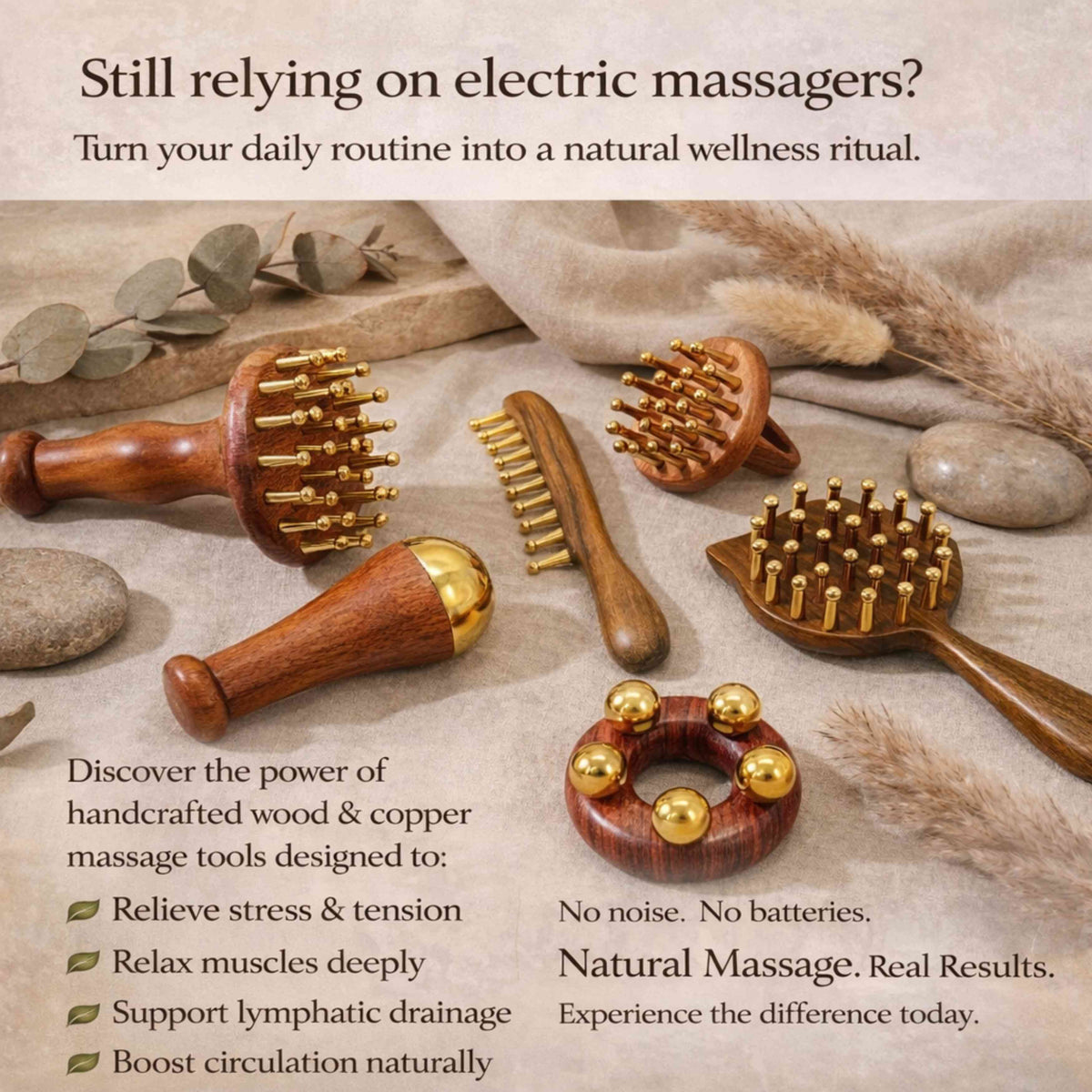 Artisan copper and wood massage tools for scalp, face and body from Irka & Co Glow Rituals