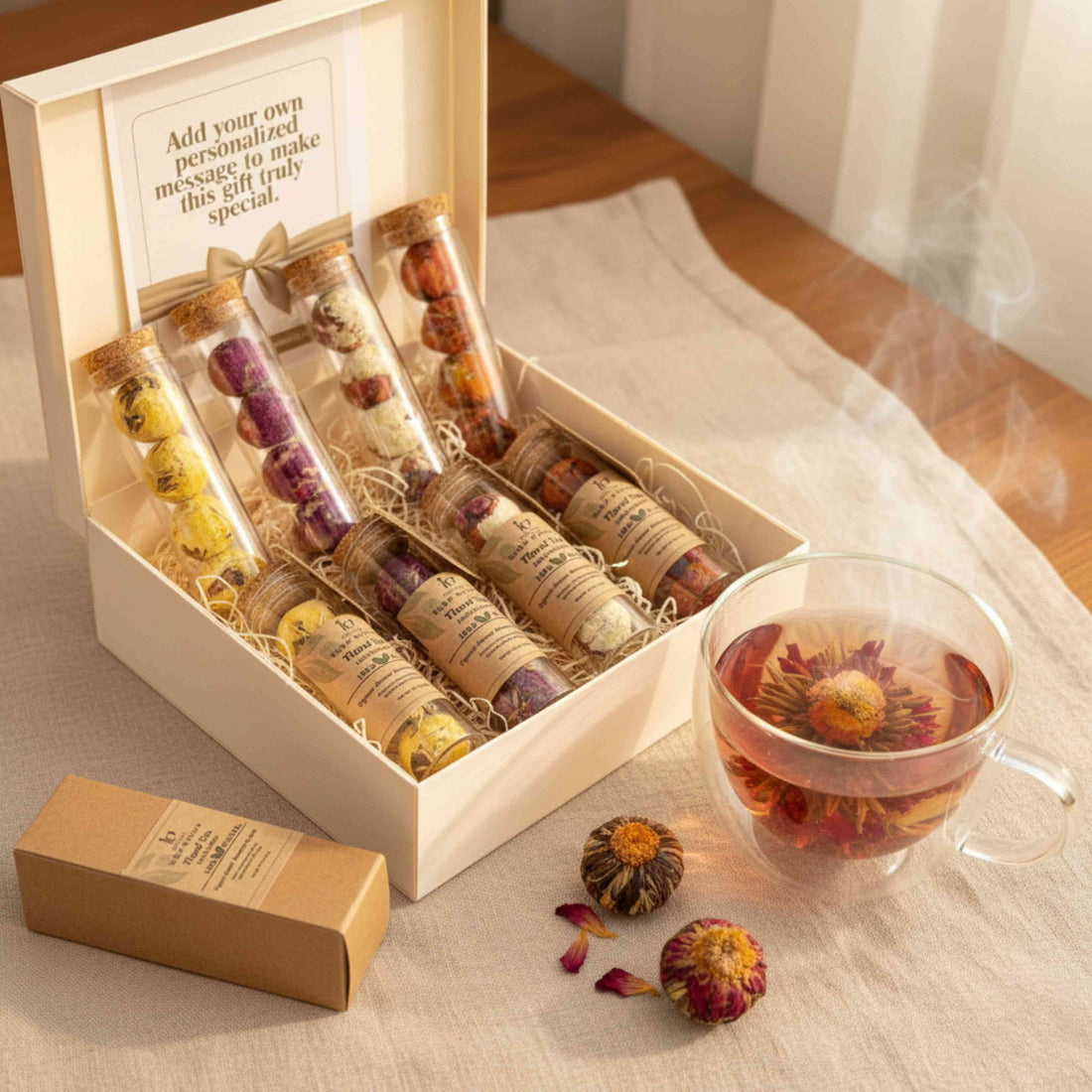 Blooming floral tea ritual set with four reusable glass tubes with cork lids and sixteen hand-tied tea balls