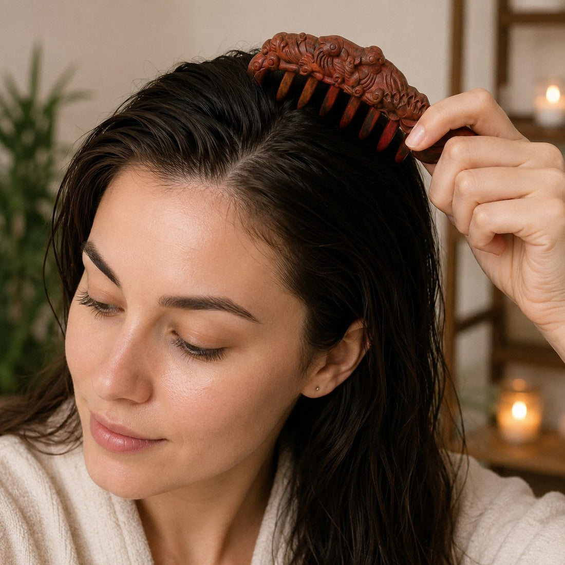 Woman using a wooden scalp massage comb to relieve tension