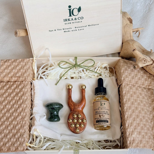 Irka & Co self-care gift box with botanical oil and massage tools