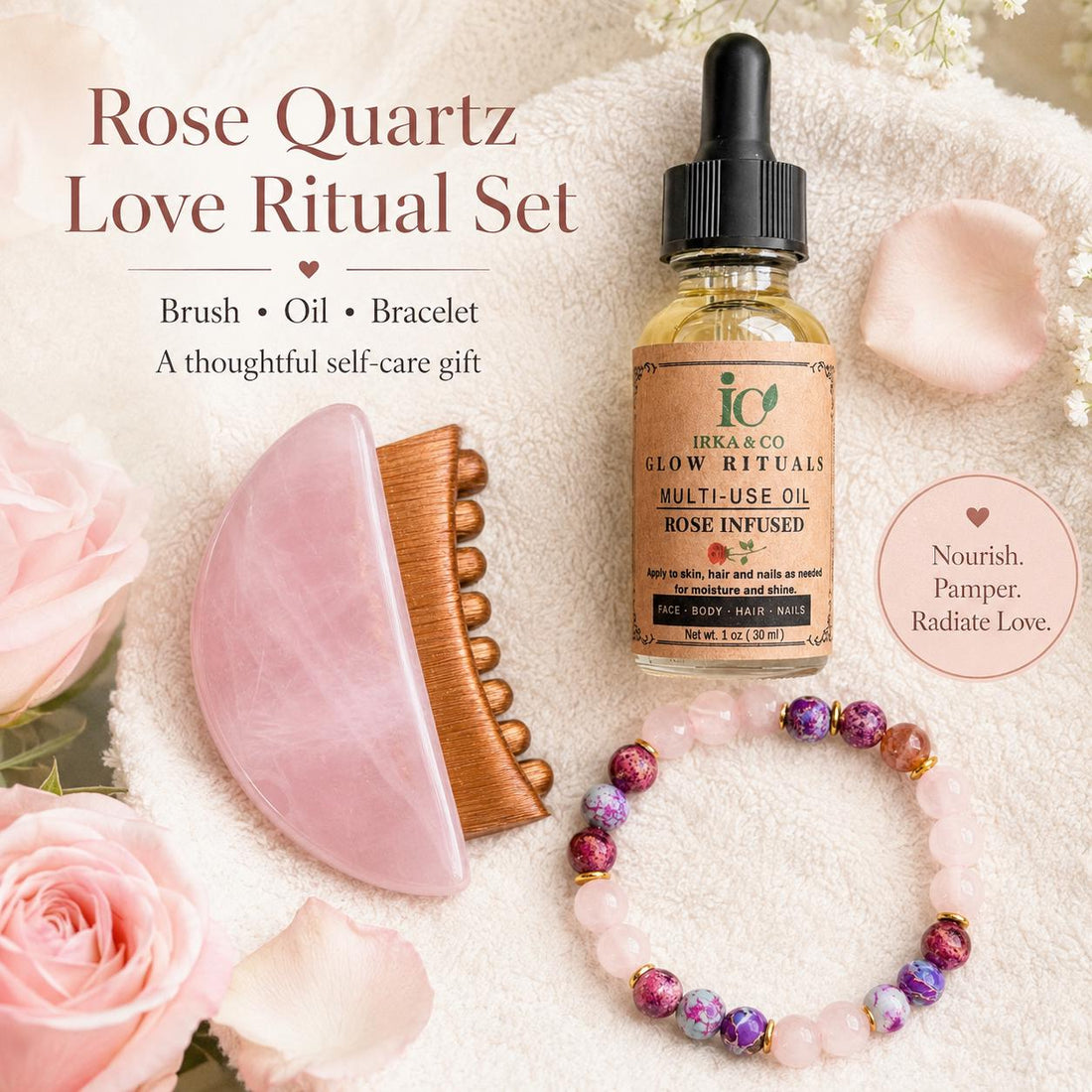 Rose quartz massage brush, botanical infused oil and rose quartz bracelet from the Irka & Co Rose Quartz Gua Sha Ritual Set