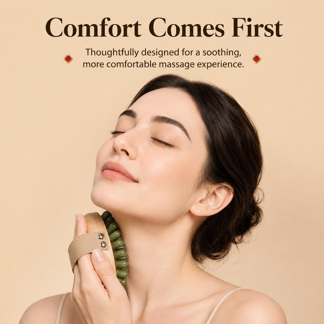 Jade lymphatic massage brush with thirty jade heads set into a solid wood base with a hand strap