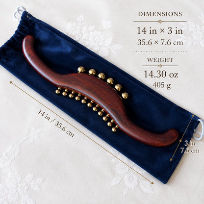 Wood and brass massage tool size and weight chart — 14 inches long, 14.3 oz