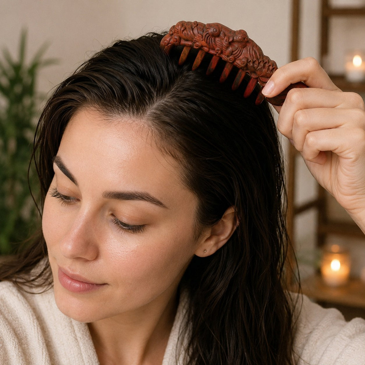 Herbal wood comb blended with sandalwood, agarwood and Fo-ti