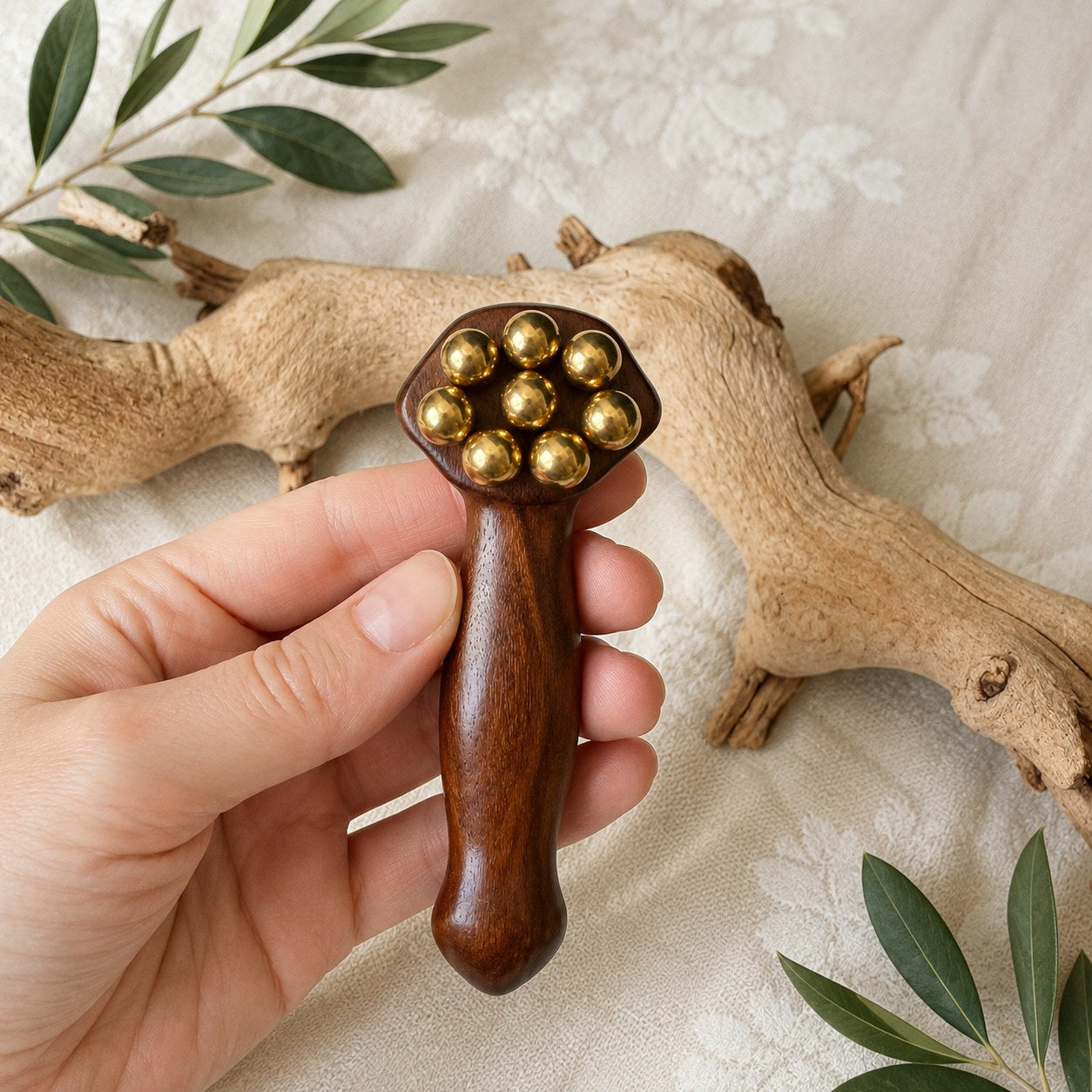 Solid Brass & Wood Roller Massage Tool