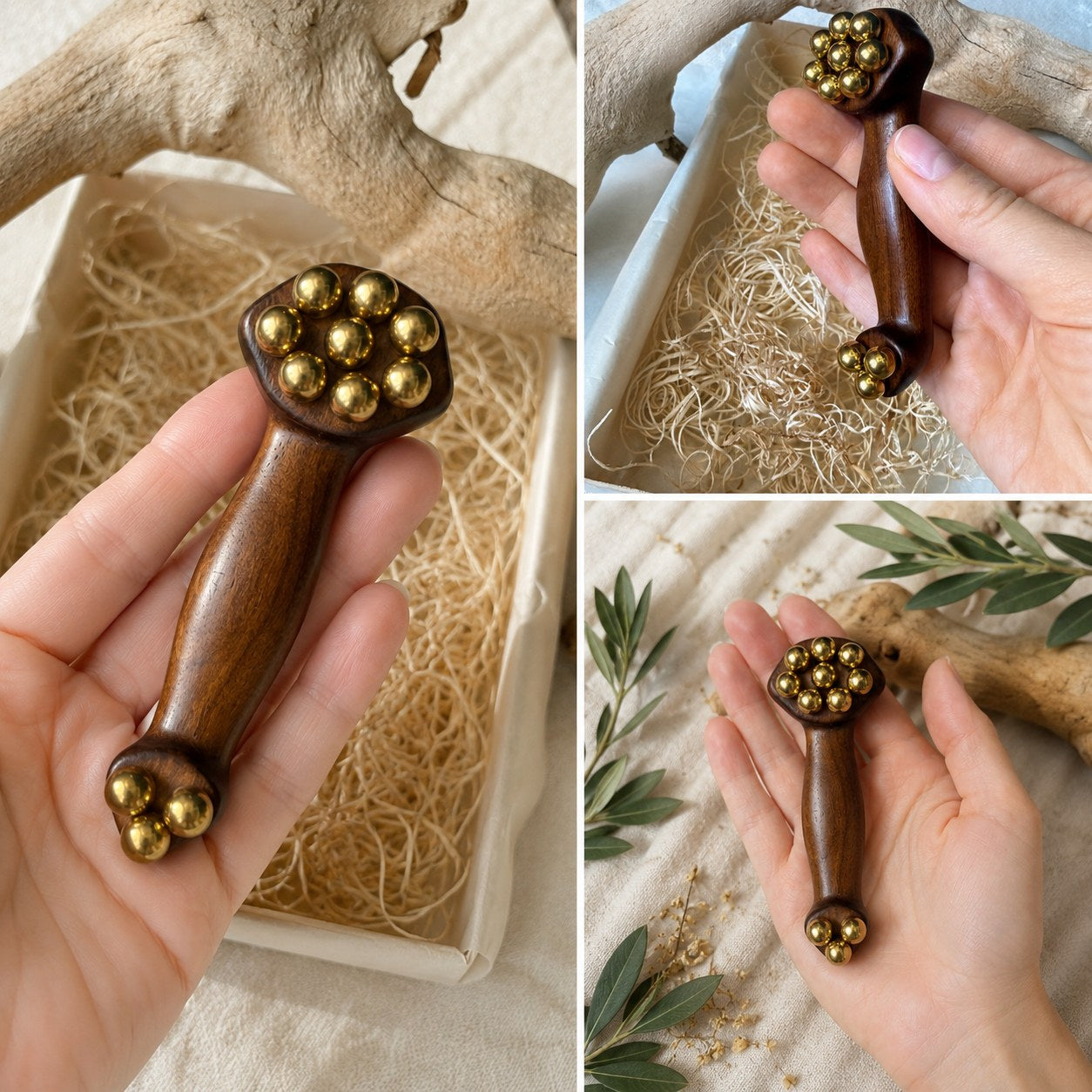 Solid Brass & Wood Roller Massage Tool
