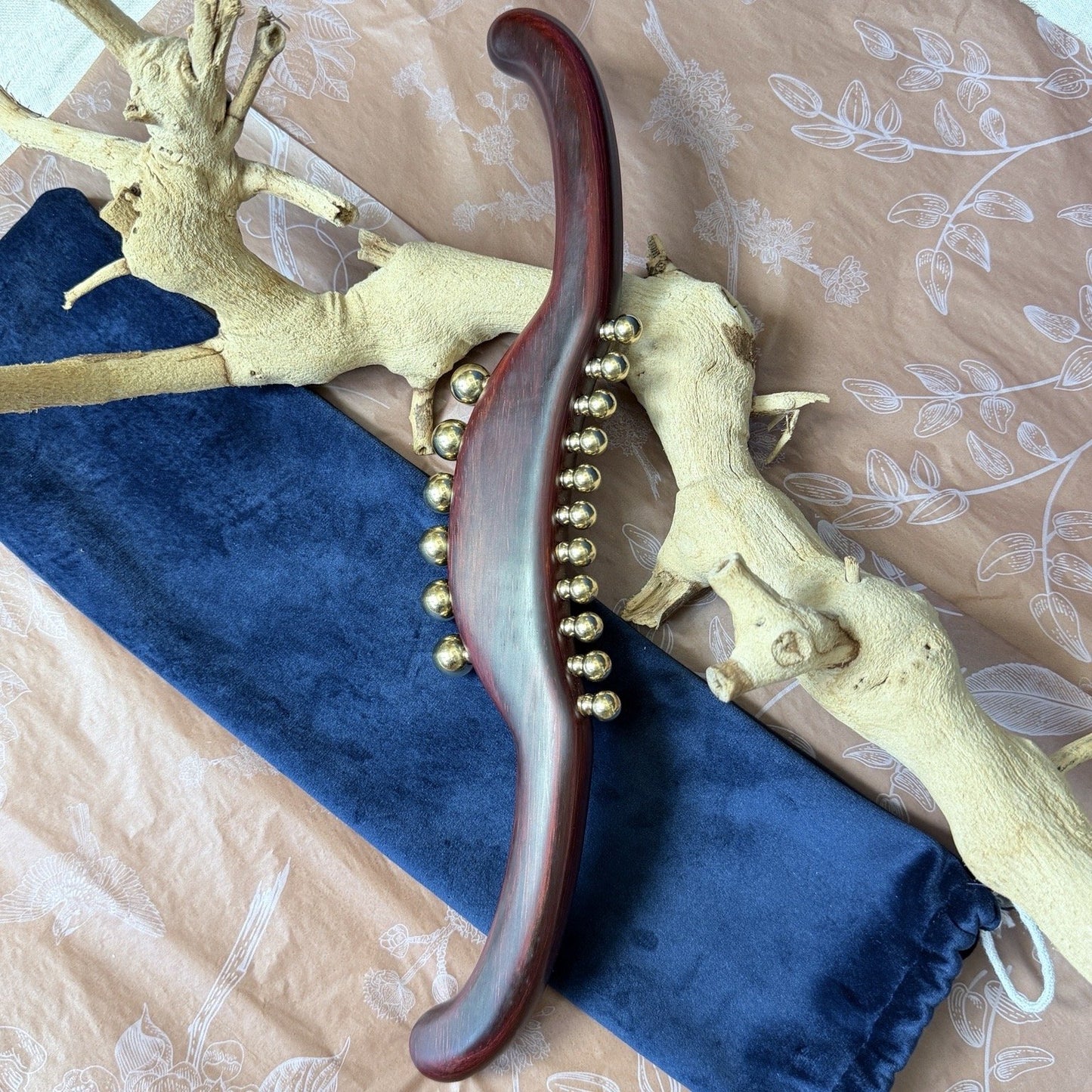 Wood and brass massage tool for lymphatic drainage self-care, Irka & Co Glow Rituals