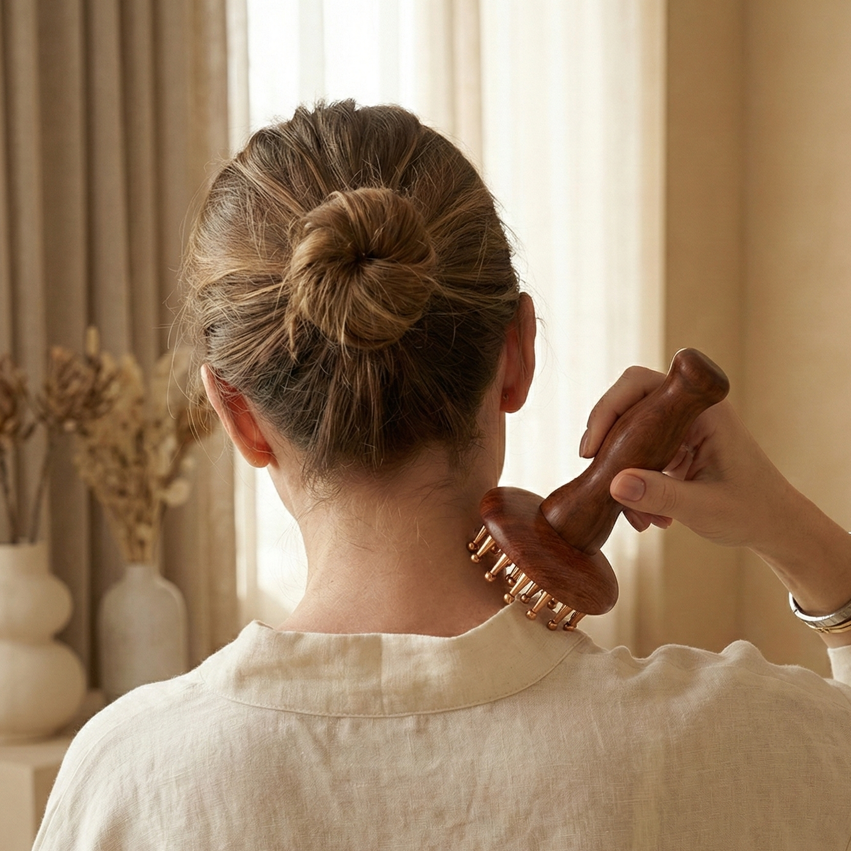 Person using a wooden brush on their neck in a softly lit room.