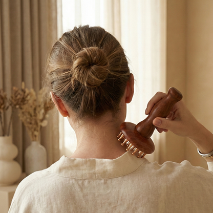 Person using a wooden brush on their neck in a softly lit room.