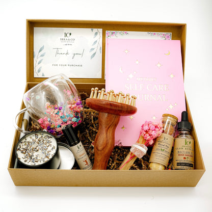 Brass & Wood Ayurvedic Self-Care Box – Wellness Gift Set with Journal, Botanical Oil, Tea & Candle