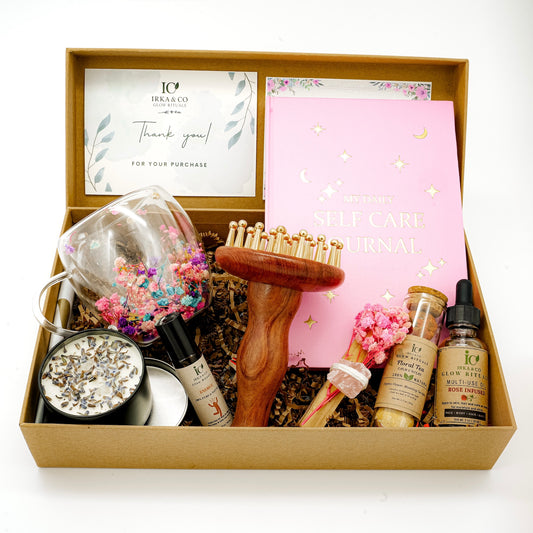 Brass & Wood Ayurvedic Self-Care Box – Wellness Gift Set with Journal, Botanical Oil, Tea & Candle