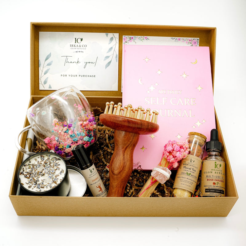 Brass & Wood Ayurvedic Self-Care Box – Wellness Gift Set with Journal, Botanical Oil, Tea & Candle