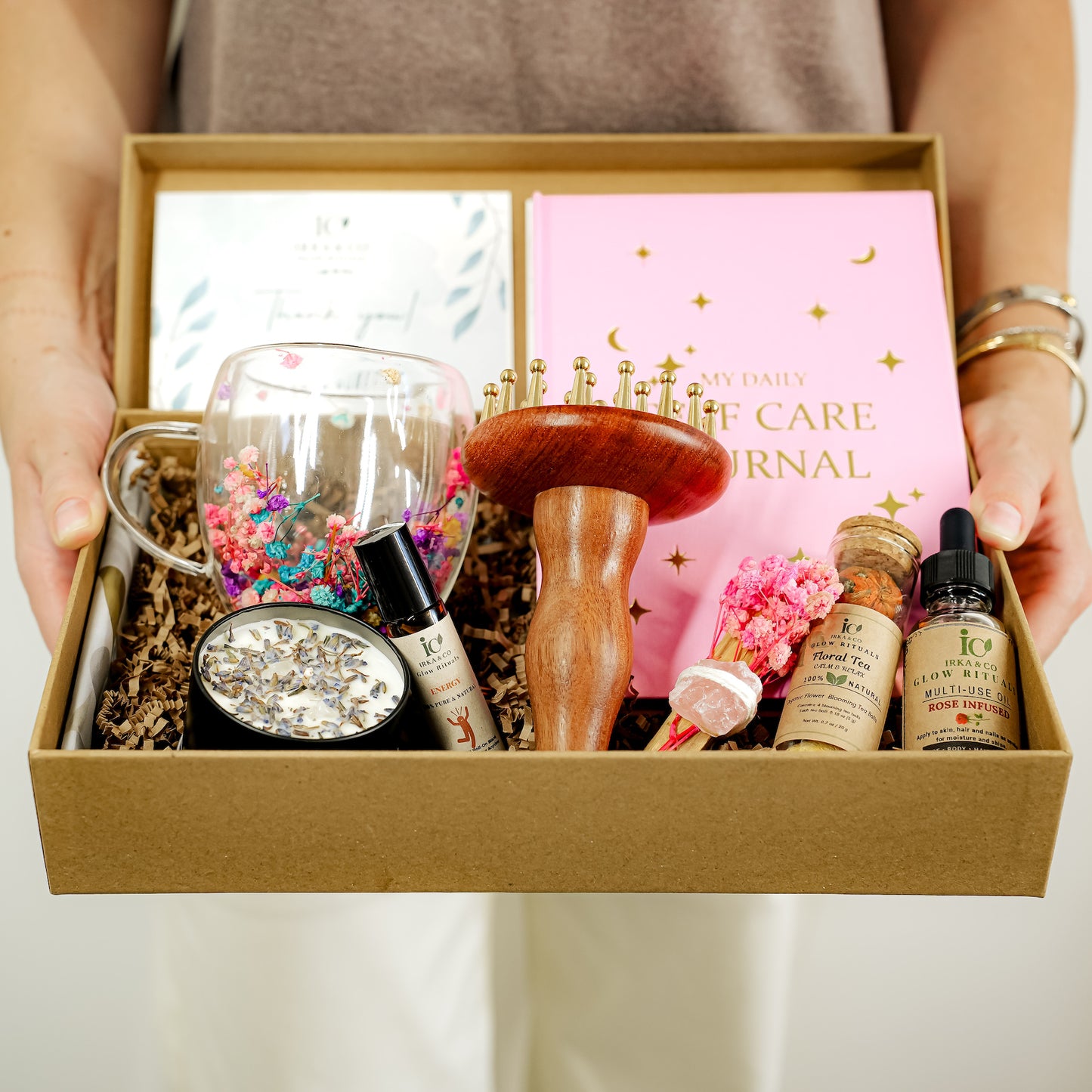 Brass & Wood Ayurvedic Self-Care Box – Wellness Gift Set with Journal, Botanical Oil, Tea & Candle