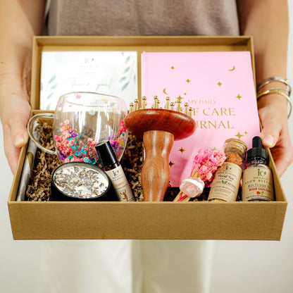 Brass & Wood Ayurvedic Self-Care Box – Wellness Gift Set with Journal, Botanical Oil, Tea & Candle