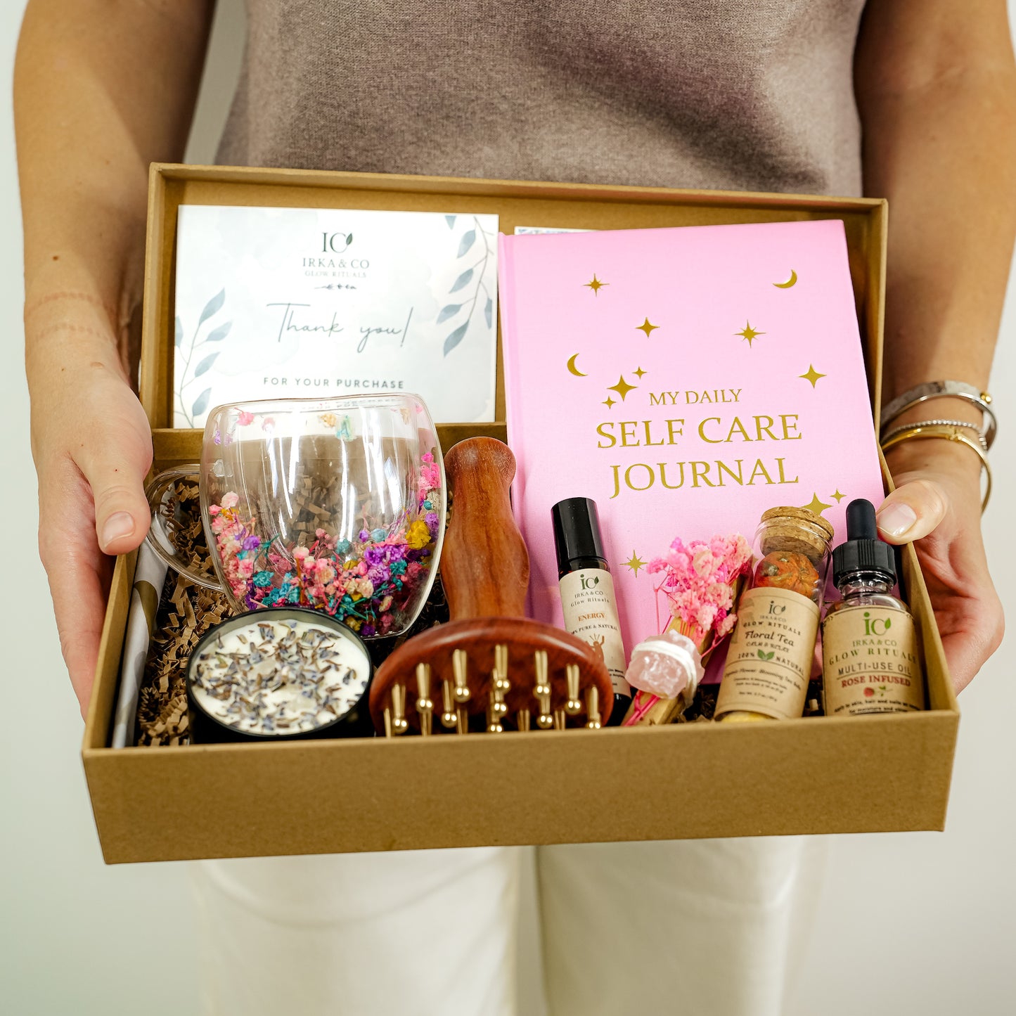 Brass & Wood Ayurvedic Self-Care Box – Wellness Gift Set with Journal, Botanical Oil, Tea & Candle