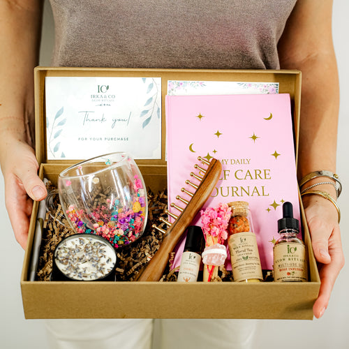 Ayurvedic Self-Care Gift Box – Copper Comb, Journal, Tea, Oils, Crystals & More | Glow Rituals by Irka & Co