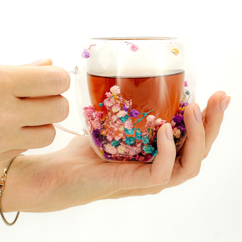 Floral Glass Tea Mug with Real Dried Flowers – 8.5 oz / 12 oz Double-Walled Handmade Cup | Glow Rituals by Irka and Co