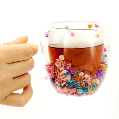 Floral Glass Tea Mug with Real Dried Flowers – 8.5 oz / 12 oz Double-Walled Handmade Cup | Glow Rituals by Irka and Co