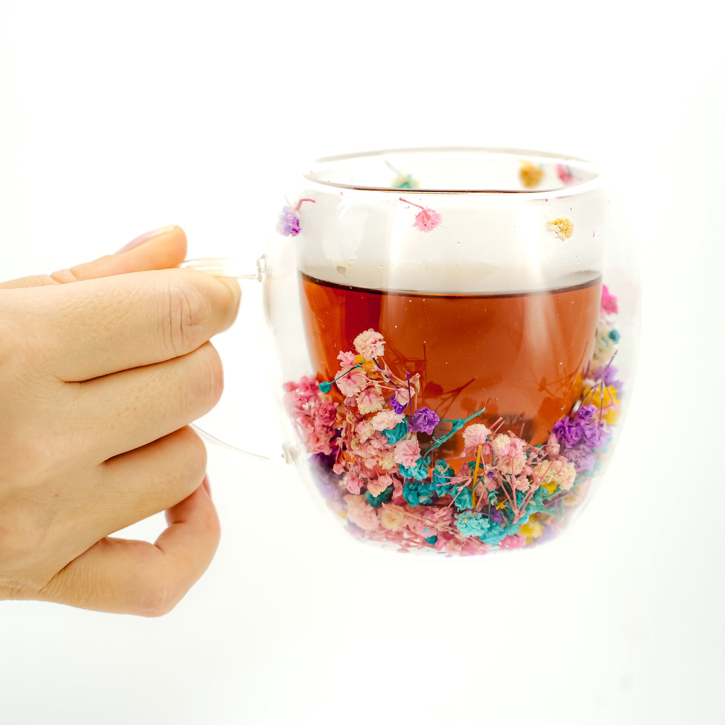 Floral Glass Tea Mug with Real Dried Flowers – 8.5 oz / 12 oz Double-Walled Handmade Cup | Glow Rituals by Irka and Co