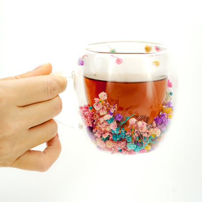 Floral Glass Tea Mug with Real Dried Flowers – 8.5 oz / 12 oz Double-Walled Handmade Cup | Glow Rituals by Irka and Co