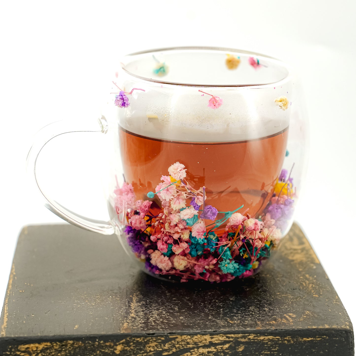 Floral Glass Tea Mug with Real Dried Flowers – 8.5 oz / 12 oz Double-Walled Handmade Cup | Glow Rituals by Irka and Co