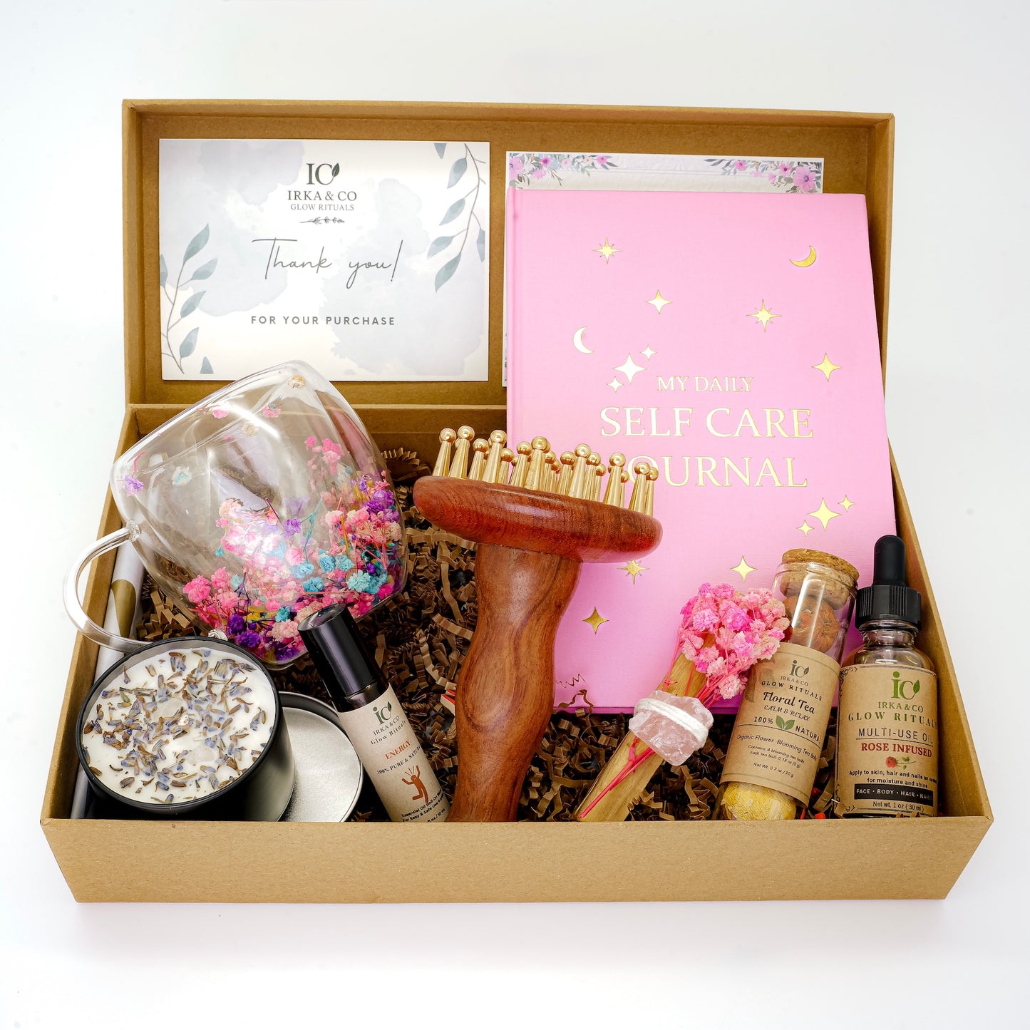 Brass & Wood Ayurvedic Self-Care Box – Wellness Gift Set with Journal, Botanical Oil, Tea & Candle