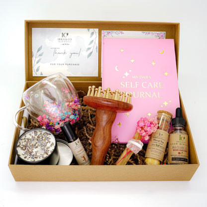 Brass & Wood Ayurvedic Self-Care Box – Wellness Gift Set with Journal, Botanical Oil, Tea & Candle