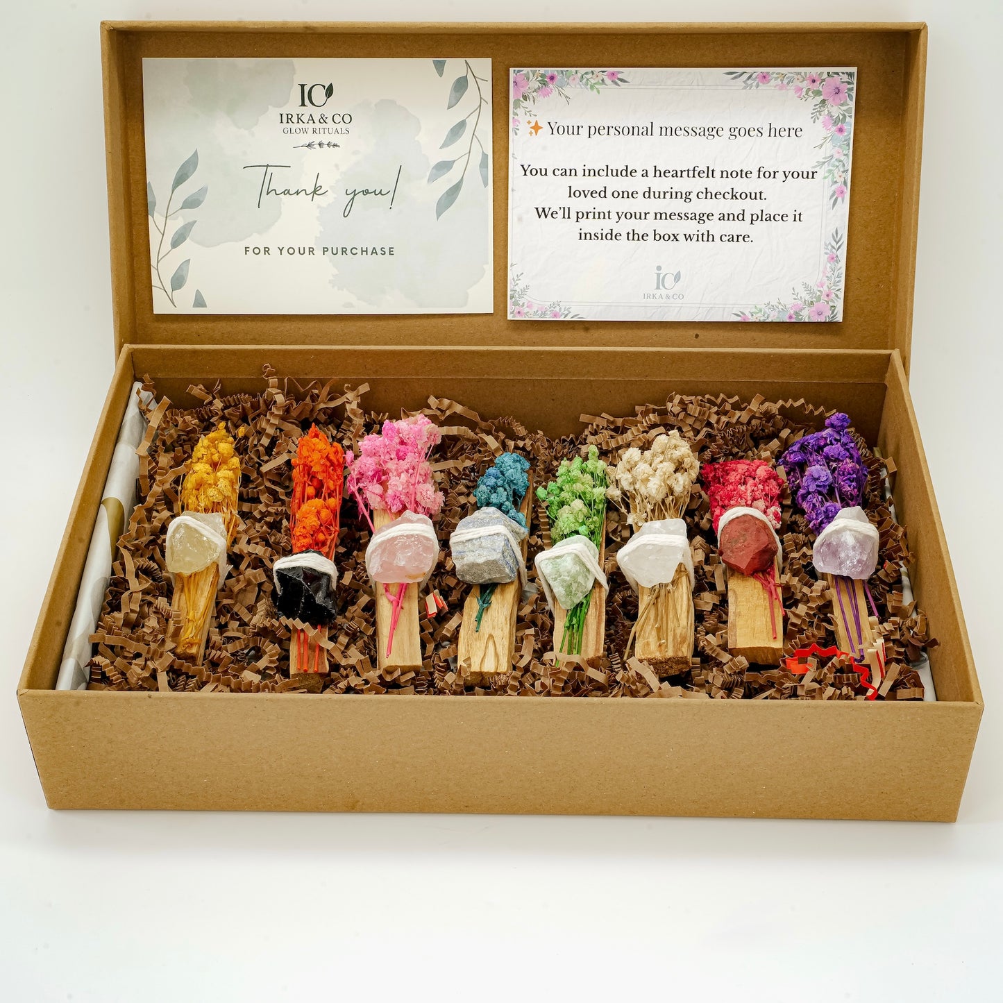 Crystal Smudge Stick Gift Set – 8 Palo Santo Sticks with Raw Crystals and Dried Flowers for Cleansing, Chakra, and Intention Rituals