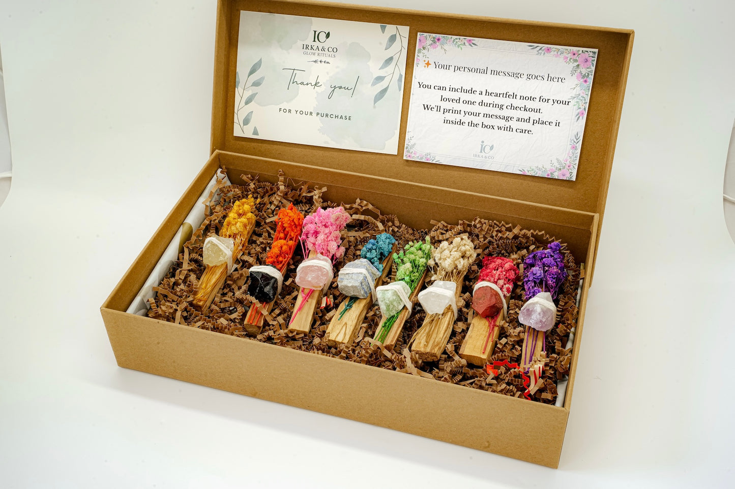 Crystal Smudge Stick Gift Set – 8 Palo Santo Sticks with Raw Crystals and Dried Flowers for Cleansing, Chakra, and Intention Rituals