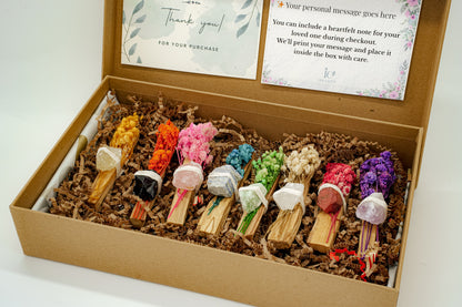 Crystal Smudge Stick Gift Set – 8 Palo Santo Sticks with Raw Crystals and Dried Flowers for Cleansing, Chakra, and Intention Rituals