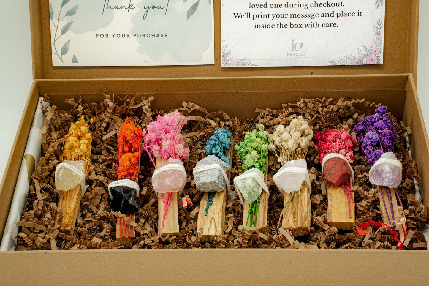 Crystal Smudge Stick Gift Set – 8 Palo Santo Sticks with Raw Crystals and Dried Flowers for Cleansing, Chakra, and Intention Rituals