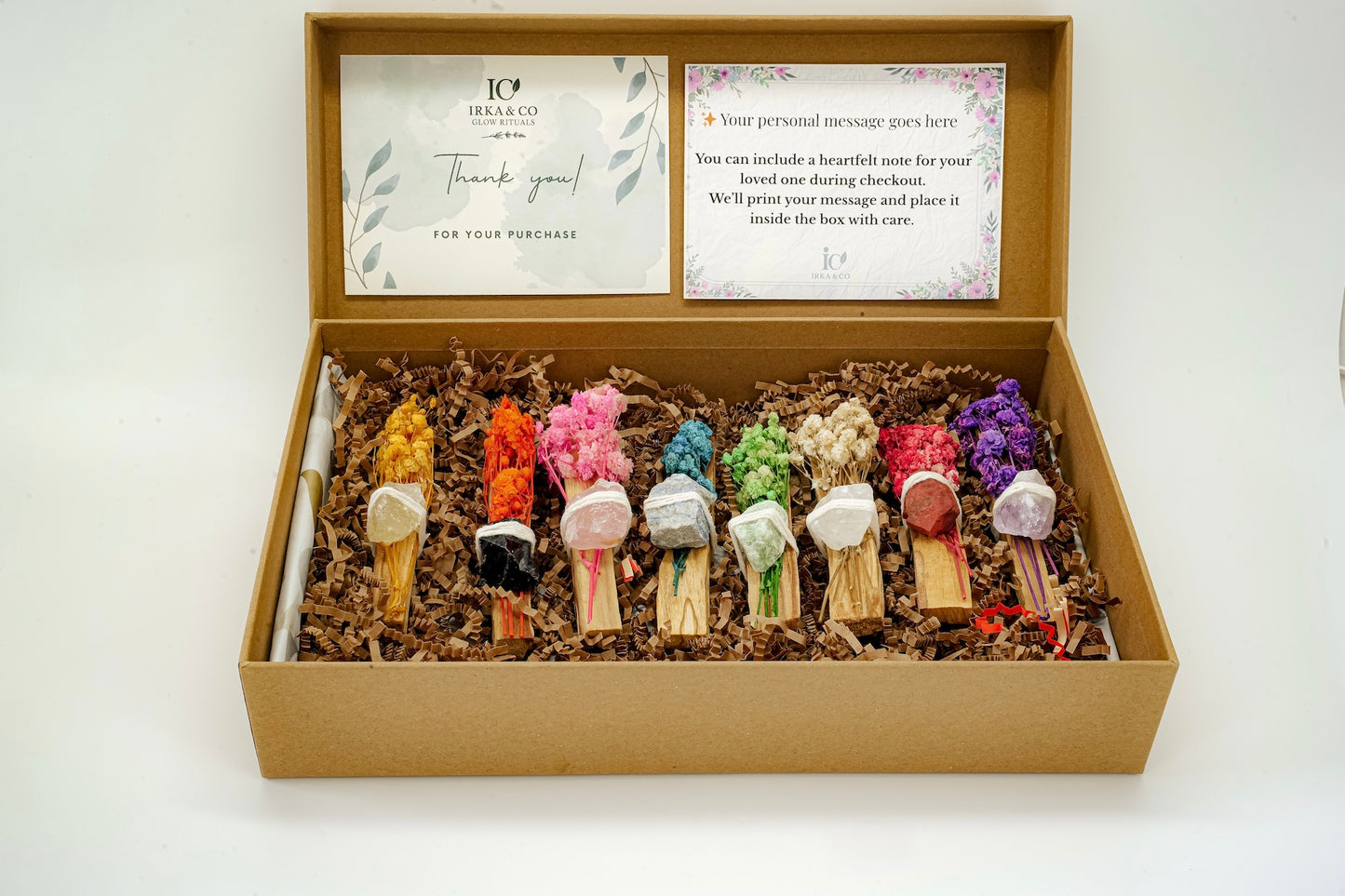 Crystal Smudge Stick Gift Set – 8 Palo Santo Sticks with Raw Crystals and Dried Flowers for Cleansing, Chakra, and Intention Rituals