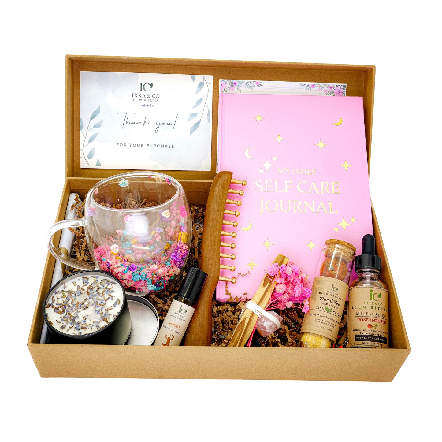 Ayurvedic Self-Care Gift Box – Copper Comb, Journal, Tea, Oils, Crystals & More | Glow Rituals by Irka & Co