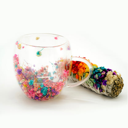 Floral Glass Tea Mug with Real Dried Flowers – 8.5 oz / 12 oz Double-Walled Handmade Cup | Glow Rituals by Irka and Co