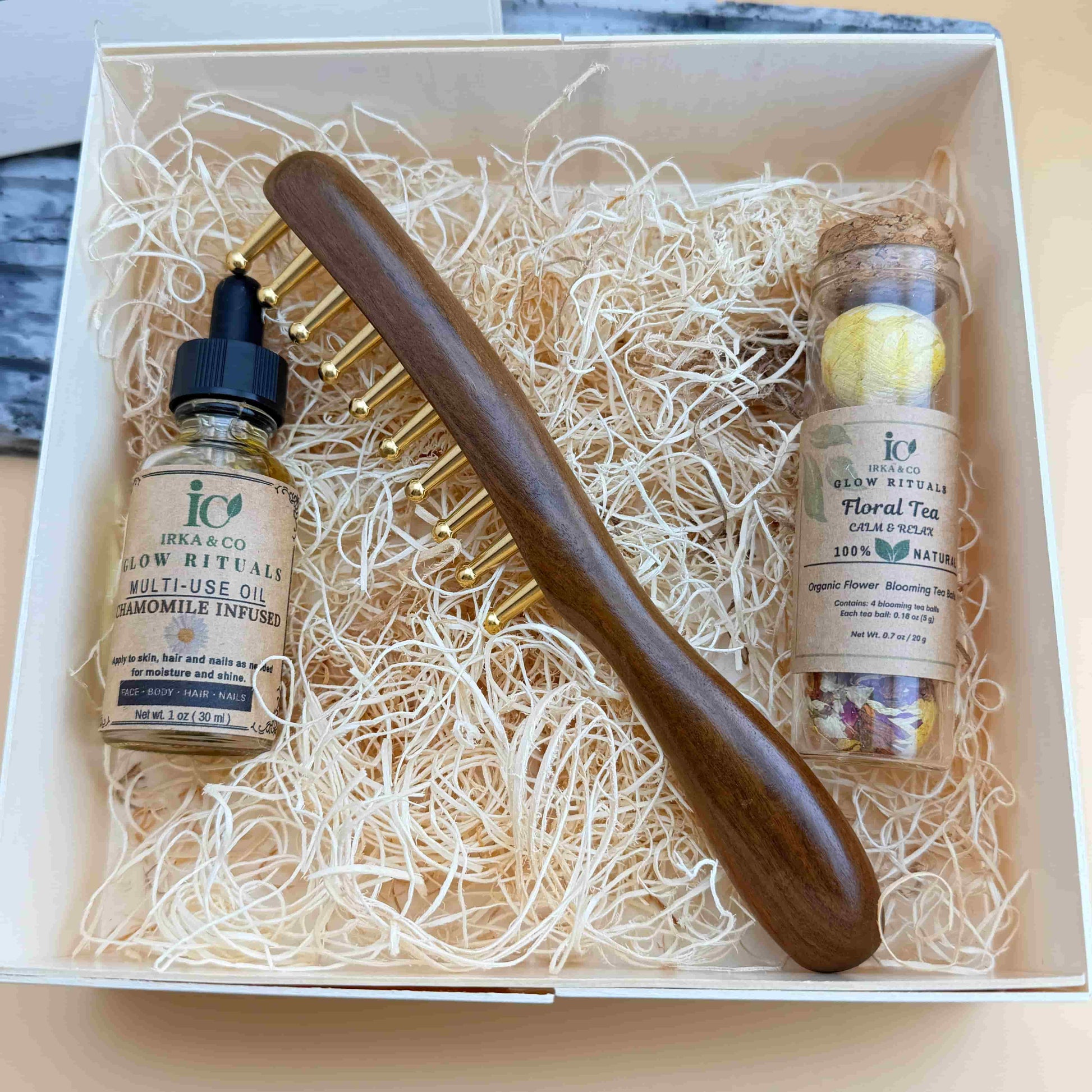 Hair growth scalp massage set with brass comb, botanical oil and blooming tea gift for mom