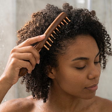 Person brushing their curly hair with a wooden comb in a bathroom setting