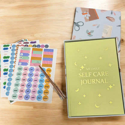 Daily Self-Care Journal Gift Set – Undated Wellness Planner with Pen & 6 Sticker Sheets (A5 Guided Gratitude Notebook)