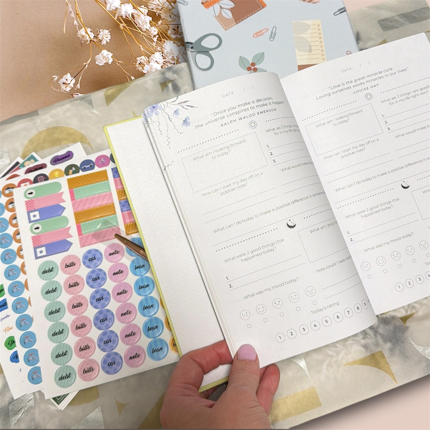 Daily Self-Care Journal Gift Set – Undated Wellness Planner with Pen & 6 Sticker Sheets (A5 Guided Gratitude Notebook)
