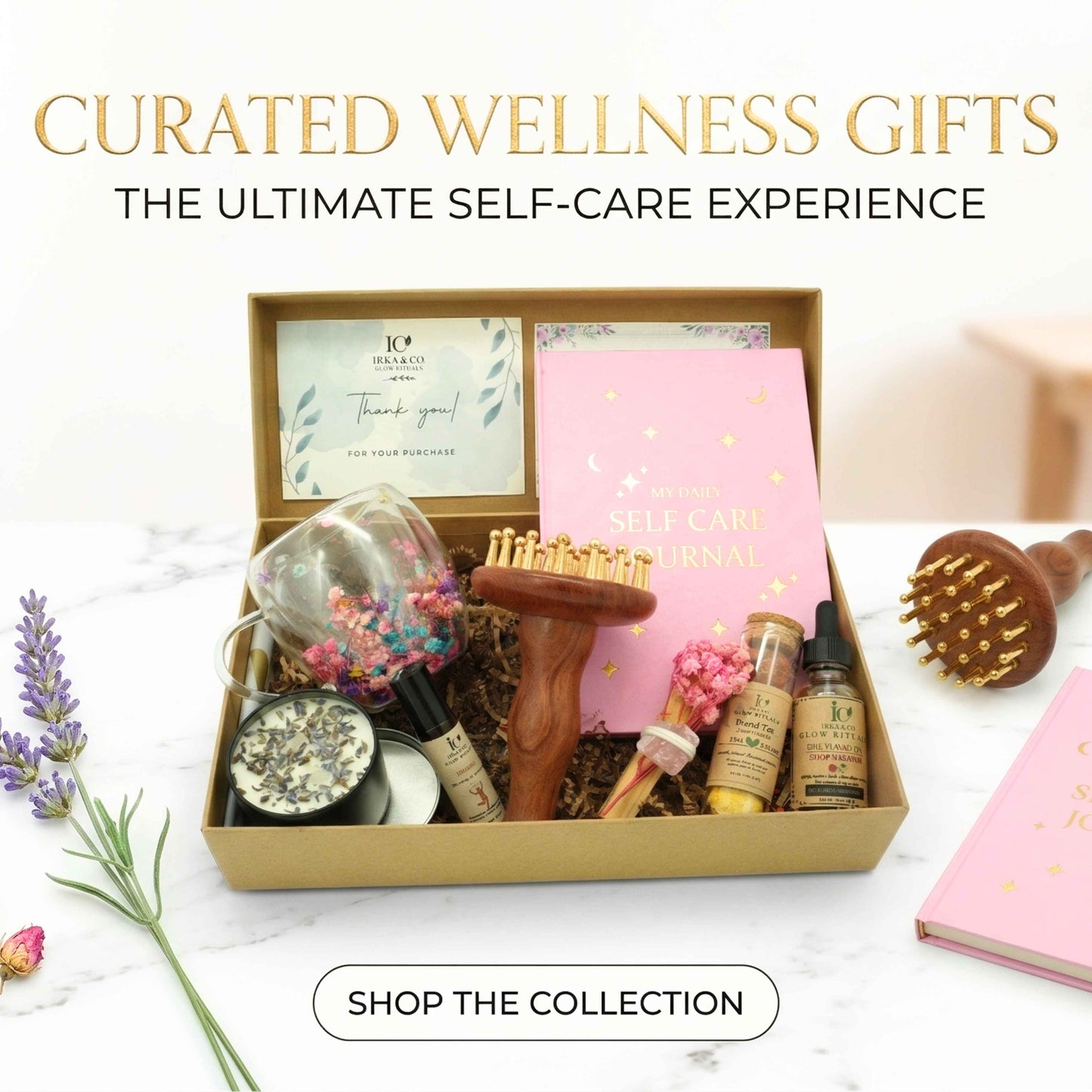 Curated Irka & Co wellness gift box with self-care journal, gua sha tool, facial oil, and dried botanicals, labeled "Curated Wellness Gifts, the Ultimate Self-Care Experience"