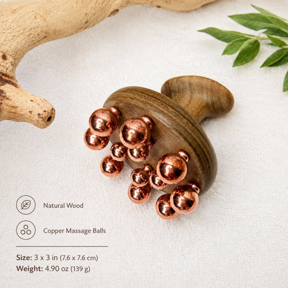 Infographic listing natural wood and copper massage ball materials, size 3 x 3 inches, weight 4.90 oz