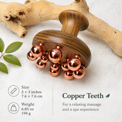 Infographic: Copper Teeth for a relaxing massage and spa experience, with size and weight details