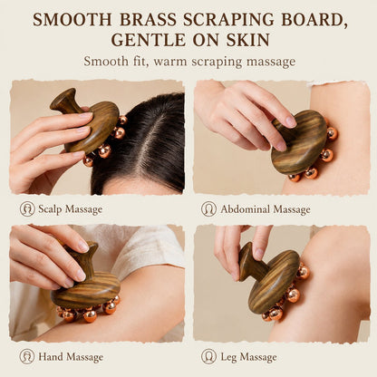Four-photo guide showing the copper cluster tool used for scalp, abdominal, hand and leg massage