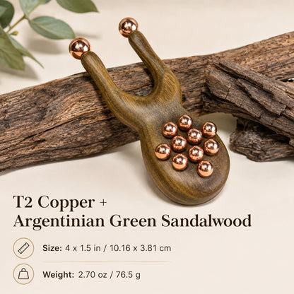 Copper and green sandalwood facial lift massager with V-shaped fork design — T2 copper, Argentinian green sandalwood, 4 x 1.5 inches, 2.70 oz
