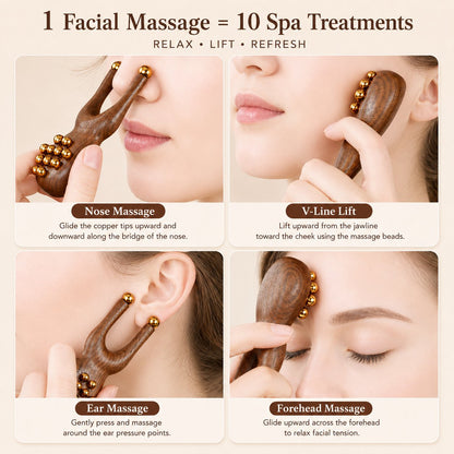 Infographic of four uses for the facial lift massager: nose massage, V-line jaw lift, ear massage and forehead massage